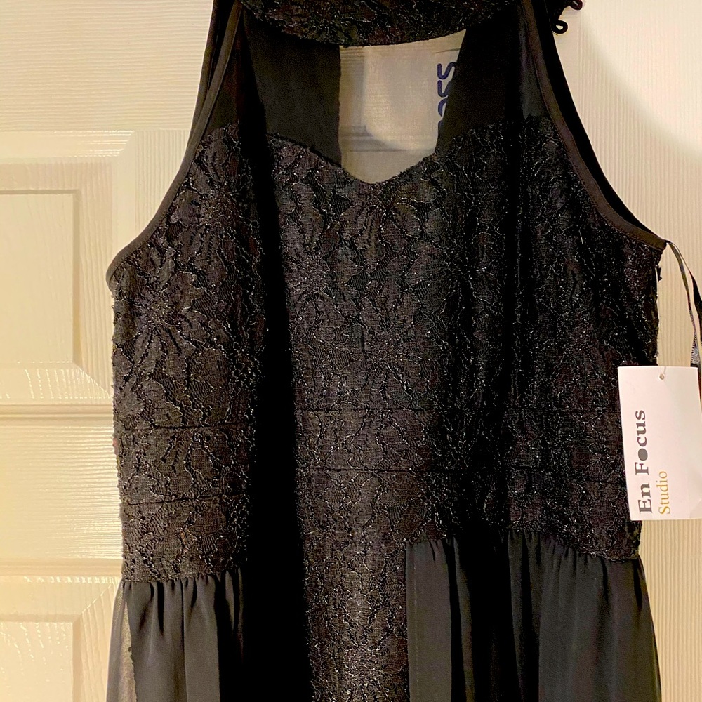 Black Lace Romper with Sheer Skirt and Button Neck